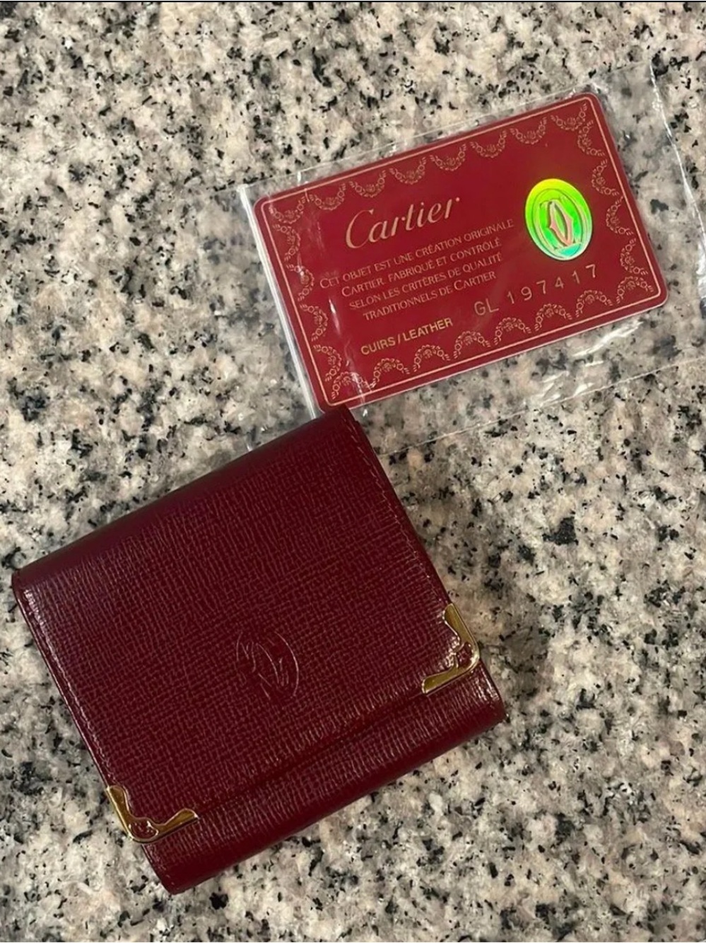 Cartier Burgundy Leather Compact Wallet with Gold Corners